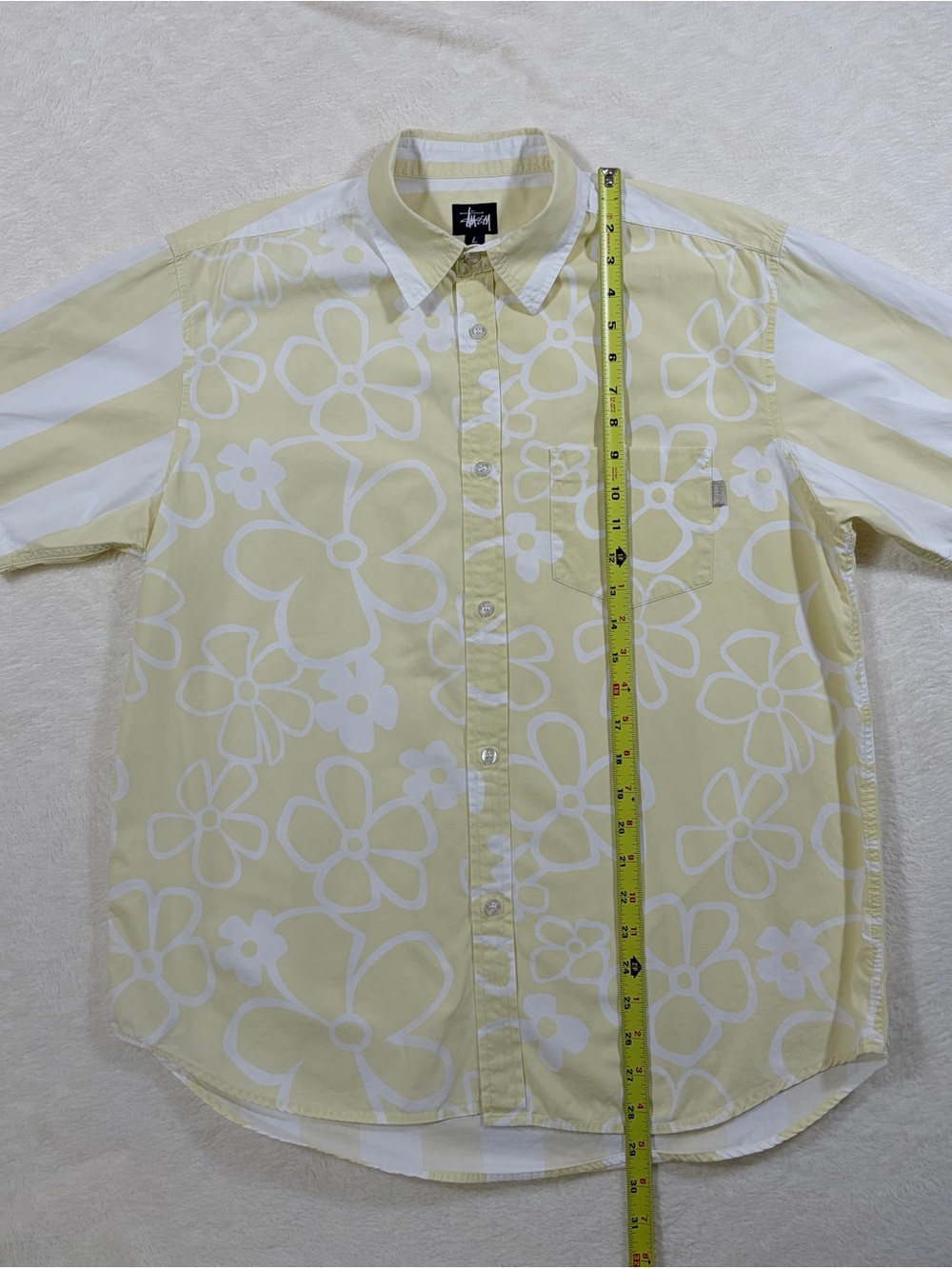 Vintage NOS Stussy “Back Flip” Yellow White Floral Striped Cotton Button-Up Sz L - Picture 8 of 11